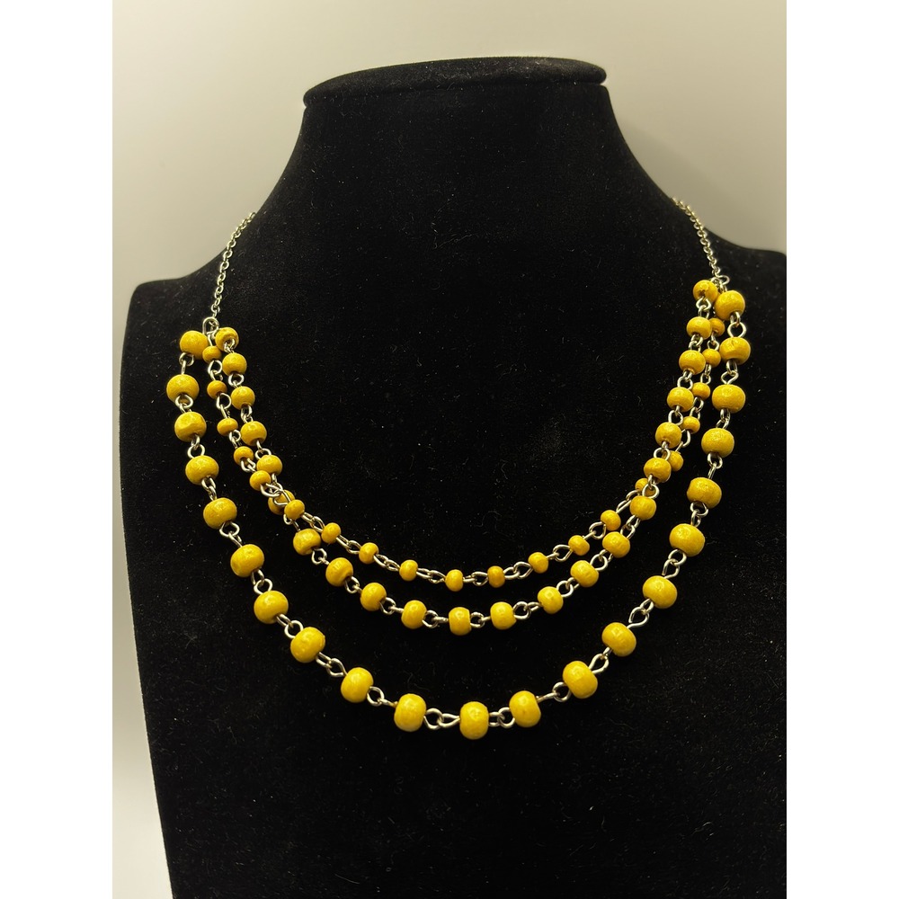 Unbranded Beaded Necklace Women 15in Yellow Triple Strand Silver‎ Tone Boho